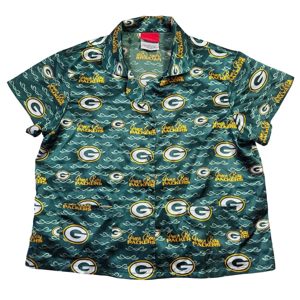 Reebok‎ Green Bay Packers Womens Satin Pajama Top Short Sleeve Button Up Green M
